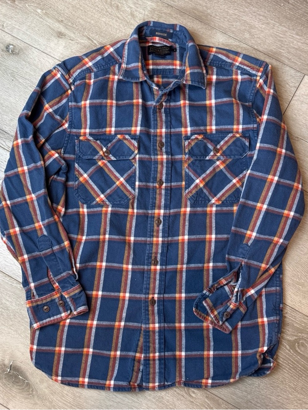 Pendleton Navy Plaid Button-Down Shirt with Orange and White Stripes